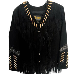 Vintage Diamond Leathers Womens Size 14 Fringe Bead Jacket Black Suede Western